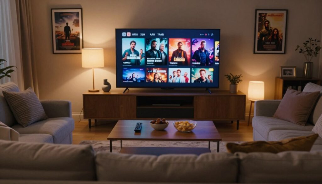 A cozy living room scene designed for mature audiences, showcasing a high-definition television displaying colorful and captivating movie thumbnails related to adult films. In the foreground, a comfortable couch filled with plush cushions invites viewers to sit and enjoy. The middle layer features a sleek coffee table with a remote control and snacks, emphasizing the idea of a home movie night. The background includes soft, warm lighting emanating from stylish lamps, creating an intimate atmosphere. The room has tasteful decor, with framed movie posters on the walls. Shot from a low angle to emphasize the inviting ambiance, the scene conveys a sense of relaxation and enjoyment, perfect for a premium IPTV streaming experience.