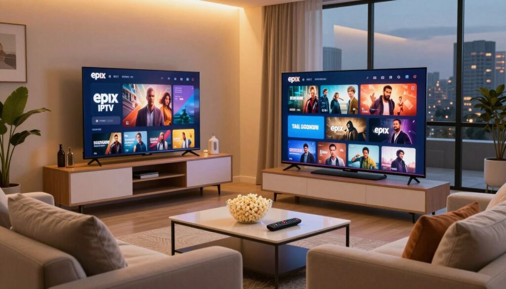 A cozy living room setting designed for premium home entertainment, featuring a modern flat-screen TV displaying a vibrant interface of the Epix IPTV service, showcasing an array of on-demand movies, series, and exclusive content. In the foreground, a comfortable sofa with plush cushions invites viewers to sit down and enjoy. On a stylish coffee table, a bowl of popcorn and a remote control set the scene. The middle ground includes a sleek entertainment unit adorned with stylish decor. Soft, warm lighting above illuminates the room, creating a welcoming atmosphere, while a large window in the background offers a subtle glimpse of an evening city skyline. The overall mood is inviting and relaxed, perfect for enjoying on-demand entertainment. A cozy living room setting designed for premium home entertainment, featuring a modern flat-screen TV displaying a vibrant interface of the Epix IPTV service, showcasing an array of on-demand movies, series, and exclusive content. In the foreground, a comfortable sofa with plush cushions invites viewers to sit down and enjoy. On a stylish coffee table, a bowl of popcorn and a remote control set the scene. The middle ground includes a sleek entertainment unit adorned with stylish decor. Soft, warm lighting above illuminates the room, creating a welcoming atmosphere, while a large window in the background offers a subtle glimpse of an evening city skyline. The overall mood is inviting and relaxed, perfect for enjoying on-demand entertainment.