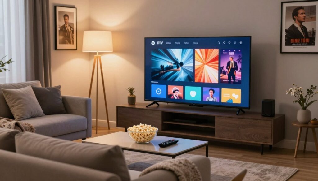 A cozy living room setting featuring a modern flat-screen TV displaying an abstract representation of a digital content library interface. The foreground includes a stylish, neutral-toned sofa with plush cushions and a decorative throw blanket, inviting viewers to relax. In the middle ground, a coffee table holds a bowl of popcorn and a remote control, emphasizing a movie-watching atmosphere. The background showcases soft, ambient lighting from stylish floor lamps, creating a warm, welcoming mood. The walls are adorned with framed posters of classic films, adding a cultural touch. The scene is captured from a slightly elevated angle, providing depth while maintaining focus on the content library interface on the TV, embodying a comprehensive analysis of IPTV offerings.