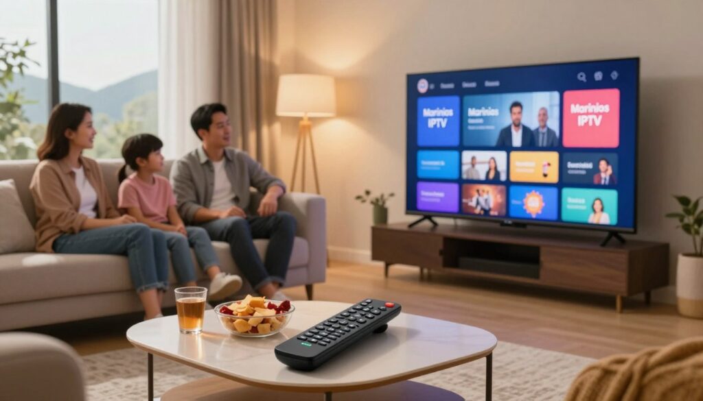 A cozy living room setting showcasing a modern smart TV displaying a vibrant interface of Marinios IPTV services. In the foreground, a sleek remote control rests on a stylish coffee table, surrounded by snacks and drinks, suggesting a relaxed viewing atmosphere. In the middle ground, a family of four is seated comfortably on a plush sofa, dressed in casual but professional clothing, engaging with the TV as they browse through channels. The background features soft lighting with warm tones, creating an inviting and homely vibe. Large windows reveal a scenic view outside, further enhancing the ambiance. The overall mood is one of enjoyment and family bonding, emphasizing the appeal of Marinios IPTV for live entertainment.