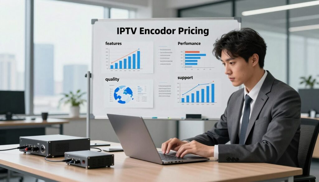 A detailed illustration depicting the factors influencing IPTV encoder pricing, focusing on a sleek, modern office setting. In the foreground, a professional business person in a tailored suit examines data on a laptop, surrounded by various hardware components symbolizing IPTV technology. The middle ground features an organized whiteboard filled with charts, graphs, and notes regarding pricing strategies, showcasing keywords like "features," "quality," "performance," and "support." In the background, large windows provide natural light, highlighting a city skyline, suggesting a tech-forward environment. The overall atmosphere is analytical and focused, with a balanced composition and soft lighting to evoke professionalism and clarity, emphasizing the importance of understanding costs in IPTV encoding.