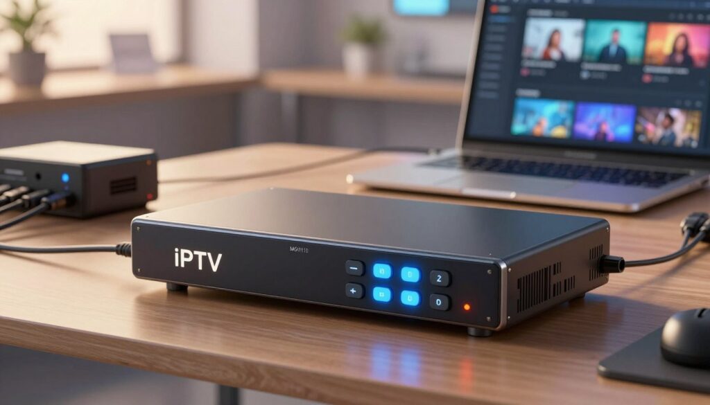 A detailed illustration of an IPTV encoder placed prominently in the foreground, featuring sleek design and illuminated buttons. The middle ground showcases various components related to IPTV technology, like cables and a laptop displaying streaming software. In the background, a blurred modern office environment enhances the professional context, with soft lighting that creates a focused yet vibrant atmosphere. The image captures the essence of technology and precision, emphasizing the importance of IPTV encoders in modern media streaming. Use a warm color palette to evoke a sense of innovation and accessibility, with a slight depth of field effect highlighting the encoder. The angle is slightly elevated, providing a comprehensive view of the setup, ideal for showcasing the sophistication of IPTV encoders.