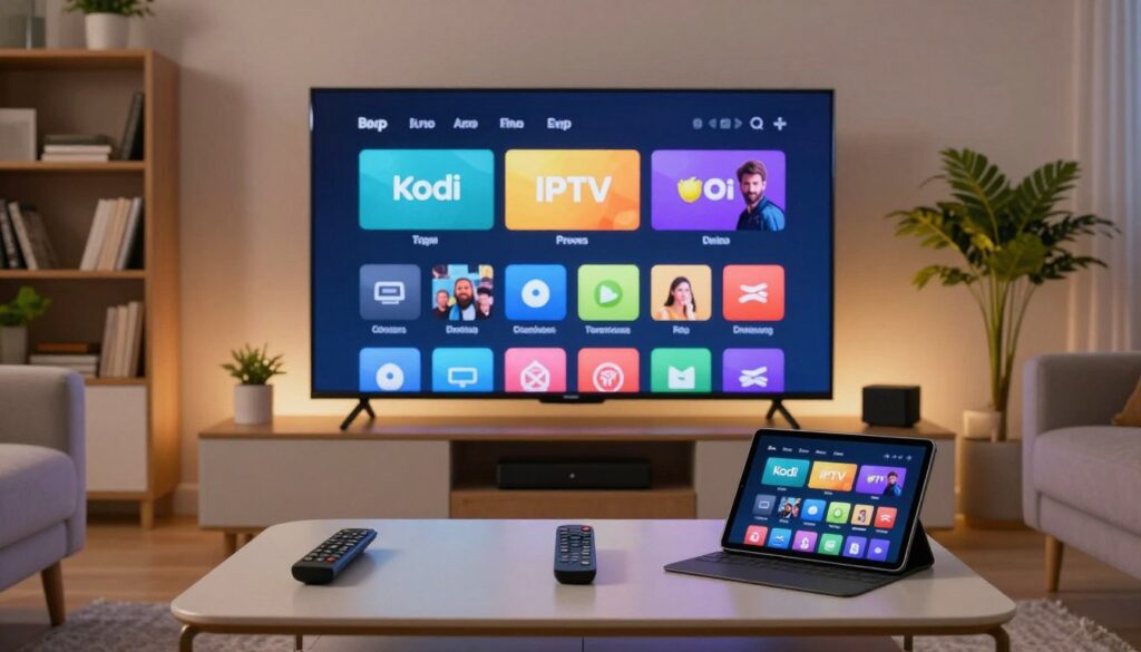 A detailed, visually engaging representation of Kodi IPTV integration. In the foreground, a sleek, modern living room setup featuring a high-definition TV displaying the Kodi interface with vibrant, colorful icons representing various IPTV addons. In the middle, a stylish coffee table with a remote control, a tablet showcasing the Kodi app, and streaming devices. The background is softly lit with ambient lighting, giving a cozy atmosphere, complete with a bookshelf and potted plants. Use a wide-angle lens to capture the entire scene, emphasizing the comfort of home entertainment. The overall mood is inviting and tech-savvy, appealing to viewers who want to enhance their IPTV experience through Kodi integration.