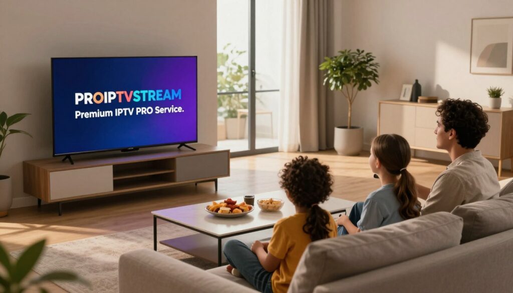 A dynamic and modern visual representation of "PROIPTVSTREAM Premium IPTV PRO Service." In the foreground, a sleek and contemporary living room with a high-definition TV displaying the PROIPTVSTREAM logo in vibrant colors. A diverse family of four—two adults and two children—are enjoying a movie night together, dressed in casual but neat clothing. In the middle, stylish furniture and a coffee table adorned with snacks create a cozy atmosphere. The background features a large window with soft natural light streaming in, complemented by minimalist decor and plants to evoke a sense of comfort and technology. The mood is warm and inviting, emphasizing family entertainment and the innovative nature of IPTV services. Use soft, warm lighting to enhance the scene's welcoming vibe, captured from a slightly elevated angle for depth.