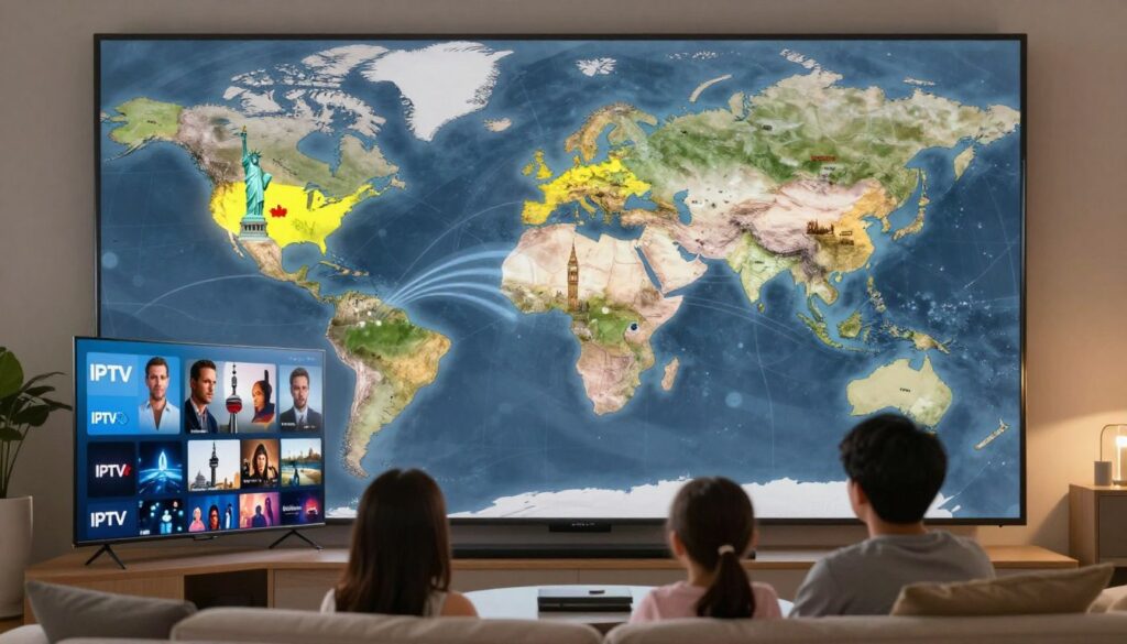 A dynamic global map showcasing IPTV coverage, with prominent highlights over the USA, Canada, and various European countries. In the foreground, a modern living room setting features a family watching a large screen TV, demonstrating enjoyment of diverse IPTV content. The middle layer displays iconic landmarks representing each highlighted region, such as the Statue of Liberty, CN Tower, and Big Ben, linked visually by streaming signal waves to symbolize connectivity. The background features a digital globe with light effects to emphasize global coverage. Soft, warm lighting creates an inviting atmosphere, while a slight overhead angle captures all elements harmoniously. The scene conveys a sense of accessibility and quality in IPTV entertainment.
