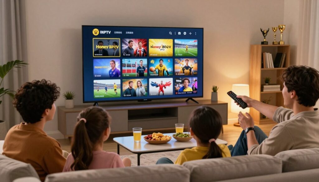 A dynamic living room scene showcasing a stylish, modern TV with a vibrant display of Honey Bee IPTV service interface, featuring thumbnails of live TV channels, movies, and sports highlights. In the foreground, a family of four is comfortably seated on a sleek sofa, dressed in casual, cozy attire, with expressions of excitement as they interact with a remote control. The middle ground captures a coffee table with snacks and drinks, enhancing the cozy atmosphere. In the background, soft ambient lighting creates a warm, inviting feel, with a subtle bookshelf showcasing trophies and books about cinema and sports. The image conveys a sense of enjoyment and togetherness, encapsulating the essence of premium entertainment at home.
