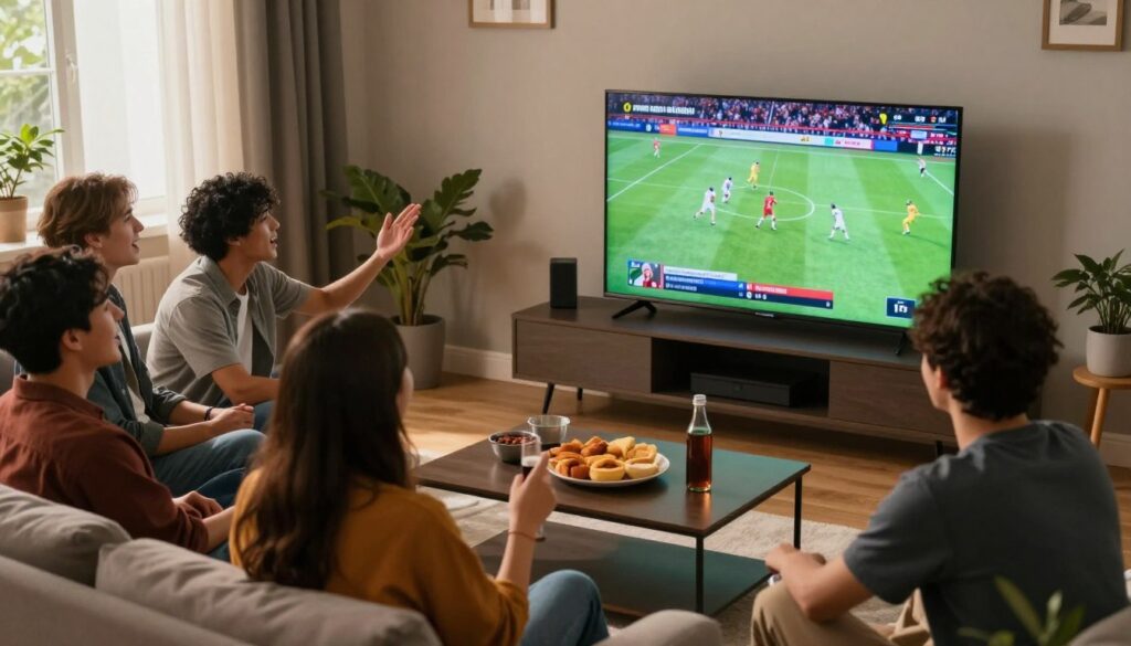 A dynamic living room setting showcasing a large flat-screen TV displaying a vibrant live sports streaming event, filled with action and excitement. In the foreground, a diverse group of friends, dressed in casual, comfortable clothing, are eagerly watching the game, with expressions of joy and enthusiasm. The middle ground features snacks and drinks on a coffee table, enhancing the relaxed, social atmosphere. In the background, a window allows soft, natural light to filter in, creating a warm and inviting ambiance. The overall mood is one of camaraderie and excitement, capturing the thrill of premium sports coverage and pay-per-view events. The angle of the shot is slightly elevated, showcasing both the screen and the engrossed viewers, emphasizing their engagement with the live content.