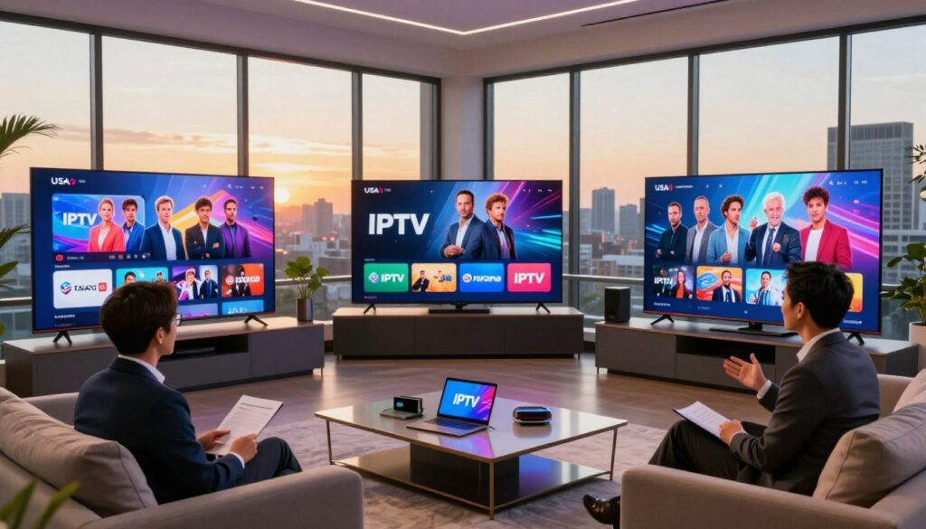 A dynamic scene depicting the essence of USA IPTV channels, showcasing a series of large, sleek television screens displaying vibrant, colorful images of popular shows and movies. In the foreground, a modern living room is filled with professional-looking individuals in business attire, discussing IPTV trends over a sleek coffee table adorned with digital devices. In the middle ground, the screens show various streaming options like news, sports, and entertainment, capturing the diversity of content available. The background features large windows with city skyline views, bathed in warm, golden hour lighting to create an inviting atmosphere. The overall mood is optimistic and engaging, reflecting the current state of IPTV in the USA, emphasizing technological advancements and consumer interest.