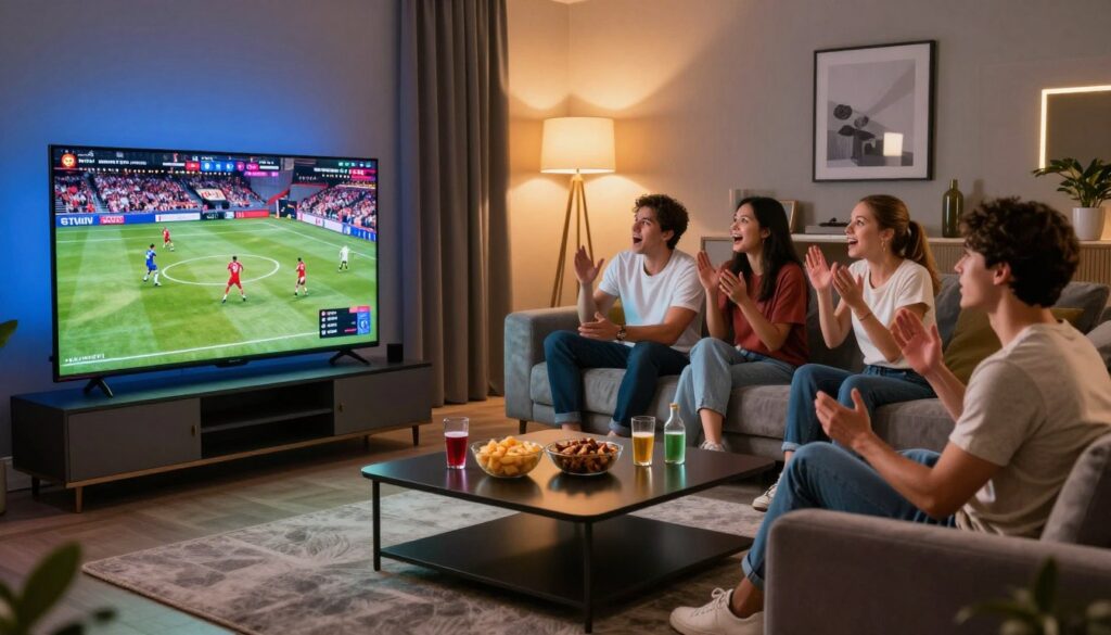 A dynamic scene showcasing a high-tech living room designed for an ultimate PPV IPTV experience. In the foreground, a sleek, modern TV displays an intense sports event streaming live, with vibrant colors capturing the energy of the moment. Surrounding the TV, a stylish coffee table holds snacks and drinks, emphasizing a cozy but immersive atmosphere. In the middle, a family or group of friends dressed in smart casual clothing sits comfortably on a plush sofa, their eyes glued to the screen, radiating excitement and anticipation. The background features contemporary decor, warm lighting from stylish lamps casting a soft glow, creating an inviting and engaging setting. The room conveys a mood of excitement and enjoyment, perfect for a premium viewing experience.