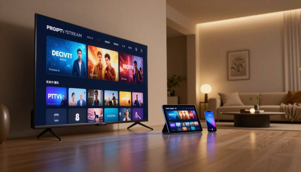 A futuristic home entertainment setup showcasing advanced IPTV technology. Foreground features a sleek, ultra-high-definition TV displaying vibrant streaming content with immersive graphics. Visible in the middle ground are smart devices like tablets and smartphones seamlessly connected to the IPTV system, demonstrating multi-screen capabilities. The background showcases a modern living room with soft ambient lighting, emphasizing a cozy yet high-tech environment. Use warm tones to create an inviting mood, with subtle highlights reflecting off metallic surfaces. Capture a low-angle perspective to enhance the sense of innovation, as if this is the future of entertainment. The overall atmosphere should evoke feelings of excitement and convenience, highlighting the revolution in streaming and entertainment through PROIPTVSTREAM technology.