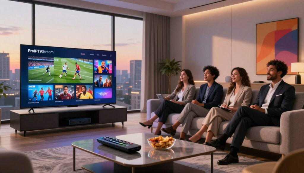 A futuristic living room setup featuring a sleek smart TV displaying vibrant streaming content from ProIPTVStream, showcasing an array of live sports, movies, and shows. In the foreground, a modern coffee table with a stylish remote control and snacks, evoking a cozy viewing atmosphere. In the middle, a comfortable couch where a diverse group of people in professional business attire are watching intently, their expressions lively and engaged. The background showcases large windows with a city skyline visible during sunset, casting a warm glow across the room. The lighting is soft and inviting, enhancing the feeling of modernity and innovation, with details like streaming device gadgets and vibrant artwork on the walls, capturing the essence of premium IPTV technology in 2026.
