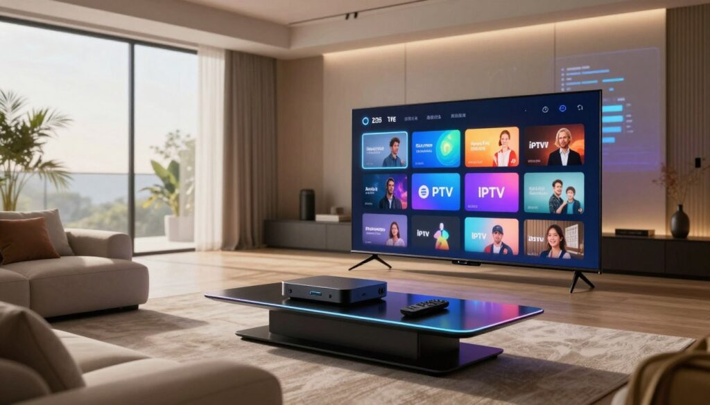 A futuristic living room setup showcasing upcoming IPTV technology for adults in 2026. In the foreground, a sleek modern television displays vibrant, colorful graphical user interfaces representing various IPTV channels. In the middle, a high-tech media console with glowing accents features advanced streaming devices and remotes. Surrounding the area, stylish furniture in neutral tones creates a comfortable atmosphere. Natural light streams in through large windows, giving the room a warm and inviting feel. In the background, a subtle digital projection of an innovative IPTV user interface is displayed on a wall, hinting at immersive features and interactivity. The overall mood is sophisticated and cutting-edge, reflecting the evolution of IPTV technology, while maintaining a professional and polished aesthetic.
