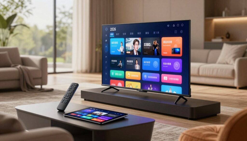 A futuristic living room showcasing advanced IPTV technology in 2026. In the foreground, a sleek, modern TV screen displays a vibrant interface with various streaming options illuminated. Surrounding the TV, comfortable and stylish furniture invites relaxation. The middle layer features a smart remote control and a tablet with streaming apps open, symbolizing user interaction. In the background, large windows let in soft, natural light, enhancing the cozy atmosphere with a hint of greenery outside. The scene is captured from a slightly elevated angle, adding depth. The overall mood is optimistic and innovative, representing the evolution of entertainment technology with a focus on seamless streaming experiences.