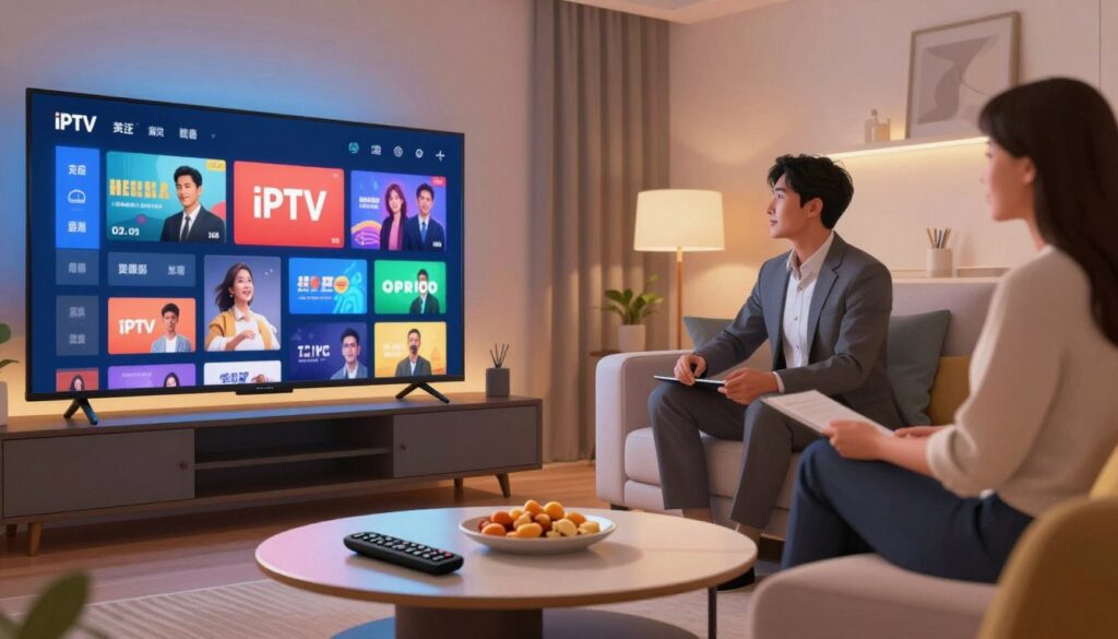 A high-quality illustration depicting a modern living room setup showcasing a sleek television screen displaying vibrant streaming content. In the foreground, there is a stylish coffee table with a remote control and snacks, conveying a cozy viewing atmosphere. The middle ground features a well-designed sofa where two individuals are comfortably seated, engaged in watching live TV, dressed in professional business attire to suggest a sense of leisure professionalism. The background displays soft ambient lighting, creating a warm atmosphere, with hints of decor enhancing the modern feel. Use a slight downward angle to capture the scene, emphasizing the clarity and performance of the IPTV service. The overall mood should be inviting and dynamic, illustrating advanced streaming technology with vivid colors and a sense of enjoyment.