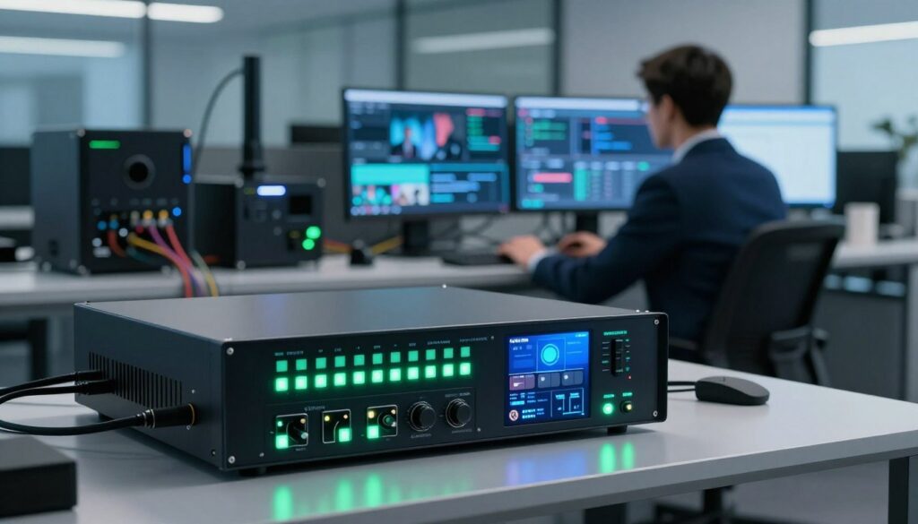A high-tech IPTV encoding solution in a modern, sleek office environment. In the foreground, a sophisticated encoder device with illuminated LED indicators displays various channels and tech specs. The middle ground features a professional figure in business attire, attentively monitoring streams on multiple screens. The background reveals advanced streaming technology, with network cables and devices seamlessly integrated into a clean, organized workspace. Soft, ambient lighting highlights the gear, while a subtle blue and green color palette evokes a sense of innovation. A slight depth of field draws focus to the encoder, rendering it a focal point while emphasizing the dynamic environment. The overall atmosphere conveys productivity, professionalism, and cutting-edge technology.