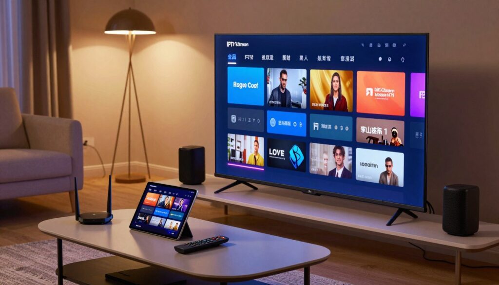 A high-tech digital representation of IPTV Xtream technology in a modern home setup. In the foreground, a sleek, large-screen smart TV displays vibrant streaming content, showcasing dynamic graphics and colorful visuals. The middle layer features a stylish coffee table with a remote control, a tablet displaying a streaming app interface, and smart speakers. The background illustrates a cozy living room with ambient lighting, highlighting advanced technology like a router and cable connections, all subtly illuminated. Utilize soft, warm lighting to create an inviting atmosphere, with a focus on showcasing the seamless integration of technology in daily life. The angle should be slightly tilted to emphasize depth and the modern decor. The overall mood is innovative and engaging, perfect for understanding IPTV Xtream technology.