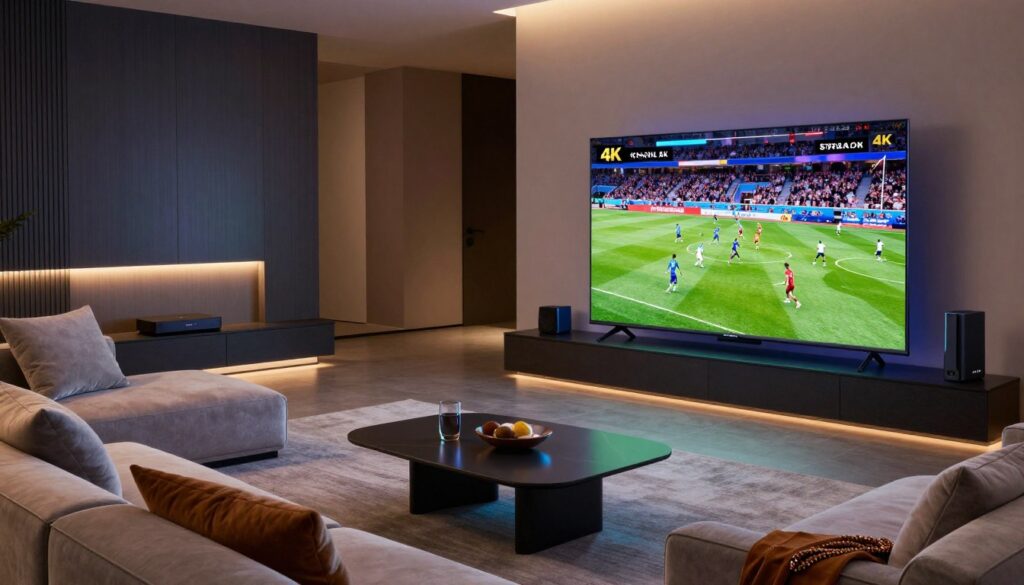 A high-tech living room scene showcasing a modern smart TV streaming vibrant 4K content. In the foreground, the sleek TV displays a stunning image of a live sports match, with intense action captured in crystal-clear detail. Soft ambient lighting highlights the room's contemporary design, while cushions and a stylish coffee table contribute to a cozy atmosphere. In the middle ground, a plush sofa faces the TV, inviting viewers to immerse themselves in premium content. The background includes elegant decor, with subtle hints of technology like streaming devices and a gaming console. The mood is lively yet comfortable, reflecting a perfect space for enjoying live TV, movies, and sports in exceptional quality. Capture this scene from a slightly elevated angle to emphasize the experience of 4K streaming.