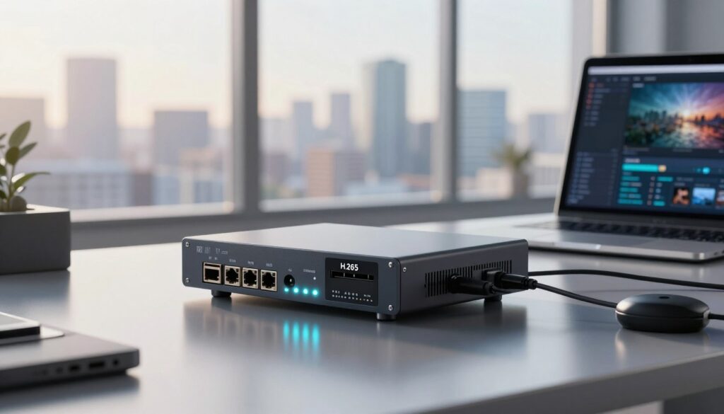 A modern H.265 video encoder in focus, elegantly positioned on a sleek, polished desk in a professional workspace. The encoder, showcasing its intricate ports and LED indicators, is surrounded by high-tech accessories like cables and a laptop displaying video streaming software. In the background, an expansive city skyline is visible through a large window, bathed in soft morning light that casts gentle reflections on the surfaces. The scene is captured with a shallow depth of field, emphasizing the encoder while slightly blurring the background. The atmosphere is dynamic yet sophisticated, reflecting innovation in media technology, making it ideal for professionals seeking advanced IPTV solutions. The lighting is bright but soft, creating a productive and inspiring mood.