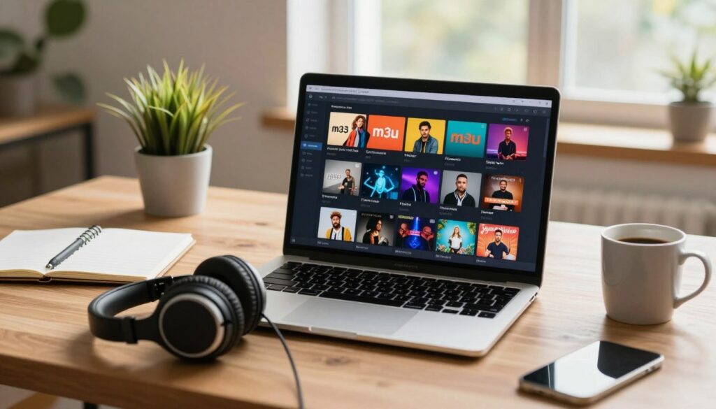 A modern and stylish workspace scene featuring a sleek laptop open to an m3u playlist interface, displaying vibrant thumbnails of various streaming content. In the foreground, a pair of noise-canceling headphones rests beside the laptop, symbolizing immersive audio experiences. The middle ground includes a well-organized desk with a notepad, vibrant plants, and a coffee mug, creating a cozy and focused atmosphere. In the background, soft natural light flows through a large window, casting a warm glow on the wooden surfaces. The composition should evoke a sense of innovation and the importance of digital media in contemporary streaming, with an inviting and professional mood that inspires creativity and connectivity.