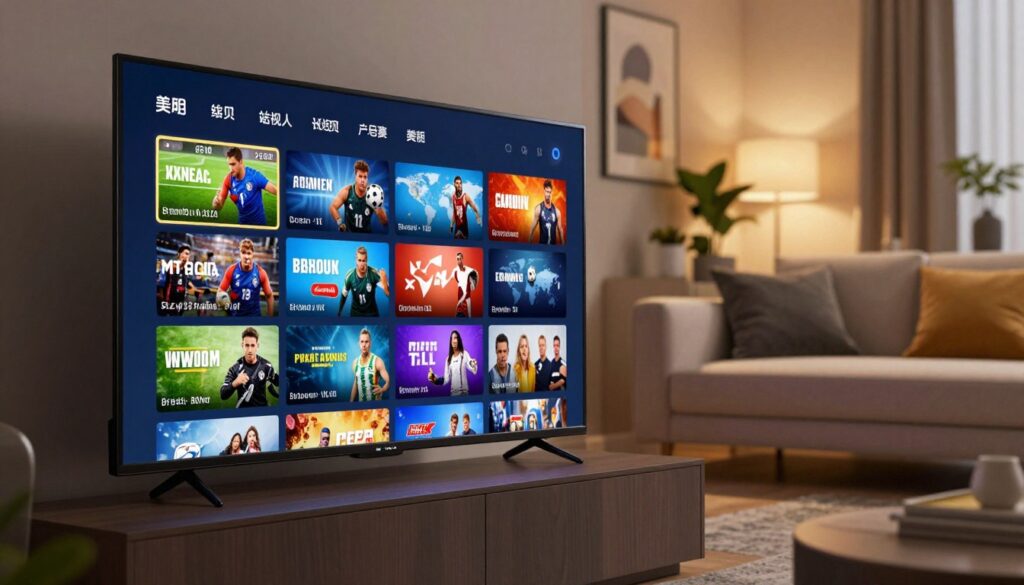 A modern digital television set showcasing a vibrant interface displaying various live channel options from around the world, set against a sleek, stylish living room environment. In the foreground, the television is prominently angled towards the viewer, showing colorful thumbnails of multiple channels featuring sports, movies, and news. In the middle ground, a comfortable sofa with contemporary design and inviting cushions complements the scene. The background includes soft, ambient lighting that creates a warm atmosphere, with decorative plants and artwork enhancing the modern aesthetic. The image is captured with a shallow depth of field, focusing on the television screen while subtly blurring the surrounding furniture. The overall mood is inviting and dynamic, reflecting the excitement of accessing global entertainment. A modern digital television set showcasing a vibrant interface displaying various live channel options from around the world, set against a sleek, stylish living room environment. In the foreground, the television is prominently angled towards the viewer, showing colorful thumbnails of multiple channels featuring sports, movies, and news. In the middle ground, a comfortable sofa with contemporary design and inviting cushions complements the scene. The background includes soft, ambient lighting that creates a warm atmosphere, with decorative plants and artwork enhancing the modern aesthetic. The image is captured with a shallow depth of field, focusing on the television screen while subtly blurring the surrounding furniture. The overall mood is inviting and dynamic, reflecting the excitement of accessing global entertainment.