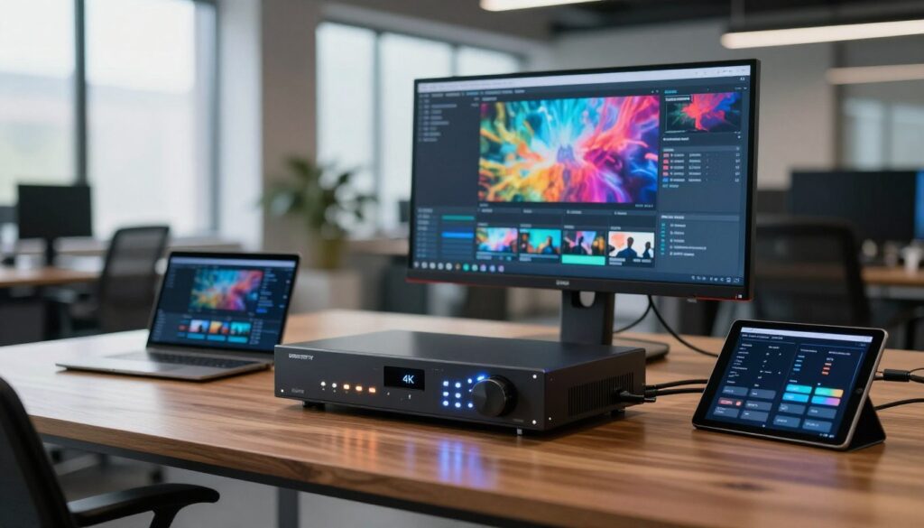 A modern, high-tech workspace featuring top-rated 4K IPTV encoders elegantly displayed on a polished wooden desk. In the foreground, a sleek IPTV encoder with glowing LED indicators, surrounded by wires and a tablet showcasing streaming statistics. In the middle, a high-resolution monitor displaying an engaging video stream with vibrant colors and crystal-clear clarity. The background features a blurred view of a contemporary office environment, softly lit with natural light coming through large windows. Use a wide-angle lens to capture the depth of the space, creating an inviting and professional atmosphere. The mood is one of precision and innovation, emphasizing the importance of quality in streaming technology.