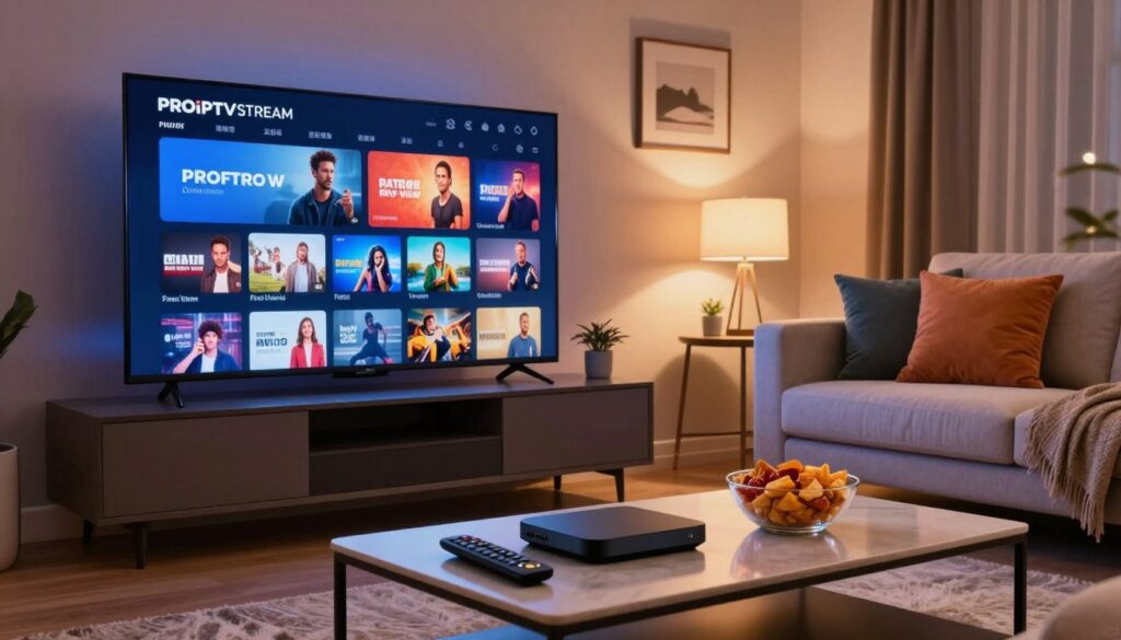 A modern home entertainment setup showcasing a sleek TV displaying vibrant images of various channels streaming on PROIPTVSTREAM. In the foreground, a stylish coffee table features a remote control, a streaming device, and snack bowls, enhancing the cozy atmosphere. The middle ground includes a comfortable sofa with colorful cushions, inviting viewers to settle in for an immersive watching experience. In the background, soft ambient lighting casts a warm glow around the room, creating a relaxed and inviting mood. The scene is framed with a wide-angle lens to capture the essence of premium entertainment in a contemporary living room setting. The overall atmosphere is one of excitement and anticipation for premium pay-per-view content.