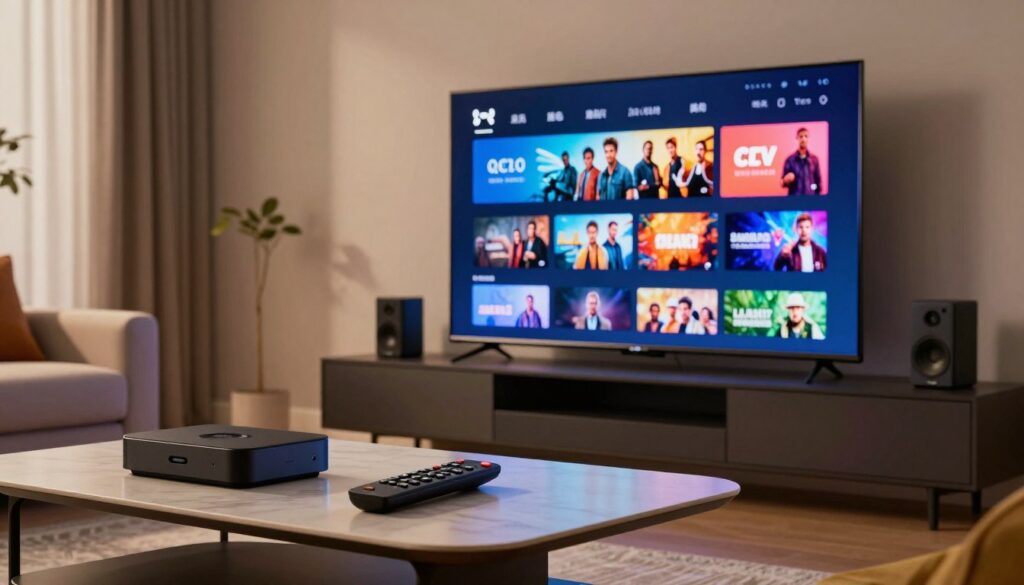 A modern home entertainment setup showcasing an array of digital devices, such as a sleek smart TV and streaming boxes, in a cozy living room. In the foreground, a remote control rests on a stylish coffee table, hinting at an extensive array of IPTV channels available. The middle ground features an illuminated screen displaying a colorful and inviting user interface of a premium IPTV service with vibrant thumbnails representing diverse content categories like movies, documentaries, and sports. The background has tasteful decor and soft ambient lighting, creating a warm and inviting atmosphere. Use a slightly angled perspective to emphasize the depth of the room, capturing a sense of luxury and comfort. The overall mood should be relaxed and inviting, suggesting a premium viewing experience suitable for a diverse audience.