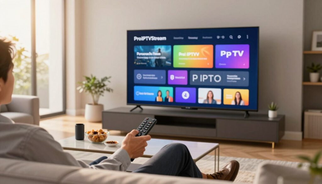 A modern living room featuring a large, sleek television displaying a colorful IPTV interface, symbolizing ProIPTVStream's reliability. In the foreground, a person in professional business attire relaxes on a stylish sofa, remote in hand, exuding a sense of ease and satisfaction. The middle ground includes a coffee table with engaging gadgets and healthy snacks, emphasizing comfort. The background showcases large windows allowing soft, warm sunlight to filter in, creating an inviting atmosphere. The image should have a cinematic depth of field, with a slightly blurred background to keep the focus on the central figure and the IPTV screen. The overall mood is vibrant and professional, highlighting the seamless integration of technology and lifestyle without any distractions.