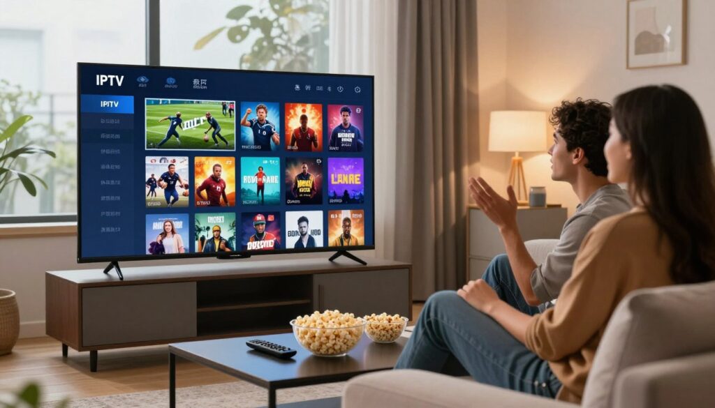 A modern living room scene featuring a sleek flat-screen TV displaying a vibrant user interface for an IPTV service, showcasing an extensive library of diverse content options, including genres like sports, movies, and documentaries. In the foreground, a stylish coffee table holds a remote control and a few popcorn bowls, creating a casual yet inviting atmosphere. A couple, dressed in smart casual attire, sits comfortably on a plush sofa, engaged in watching the screen, reflecting excitement and satisfaction. Soft, warm ambient lighting creates a cozy mood, while a large window in the background lets in natural light, enhancing the inviting environment. The overall composition conveys the feel of a relaxed entertainment space designed for a premium viewing experience.