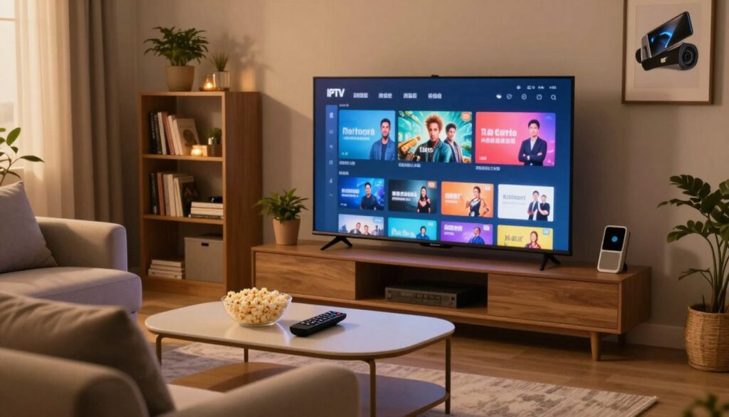 A modern living room scene featuring a sleek television displaying IPTV content. In the foreground, a comfortable sofa with plush cushions and a stylish coffee table adorned with a remote control and popcorn. In the middle, the television screen shows vibrant streaming content with an attractive user interface showcasing various channels. Background elements include a cozy bookshelf with books and plants, softly lit by warm ambient lighting. Add wall art related to technology and entertainment. The atmosphere is inviting and relaxed, emphasizing the comfort of home entertainment. Use warm, soft lighting to create a welcoming mood, with a slightly angled view to give depth to the scene. A modern living room scene featuring a sleek television displaying IPTV content. In the foreground, a comfortable sofa with plush cushions and a stylish coffee table adorned with a remote control and popcorn. In the middle, the television screen shows vibrant streaming content with an attractive user interface showcasing various channels. Background elements include a cozy bookshelf with books and plants, softly lit by warm ambient lighting. Add wall art related to technology and entertainment. The atmosphere is inviting and relaxed, emphasizing the comfort of home entertainment. Use warm, soft lighting to create a welcoming mood, with a slightly angled view to give depth to the scene.