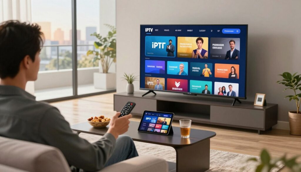 A modern living room scene featuring a sleek television displaying a vibrant IPTV user interface. In the foreground, a professional person in smart casual attire is sitting on a comfortable sofa, remote in hand, looking engaged and content. In the middle ground, a stylish coffee table holds snacks and drinks, while a tablet shows various IPTV subscription options. The background has a large window revealing a sunny urban landscape, with soft sunlight filtering in, creating a warm, inviting atmosphere. Use natural lighting to highlight the details, and include a shallow depth of field for a cinematic effect, ensuring a focus on the IPTV experience. The overall mood should convey relaxation and enjoyment of seamless streaming entertainment.