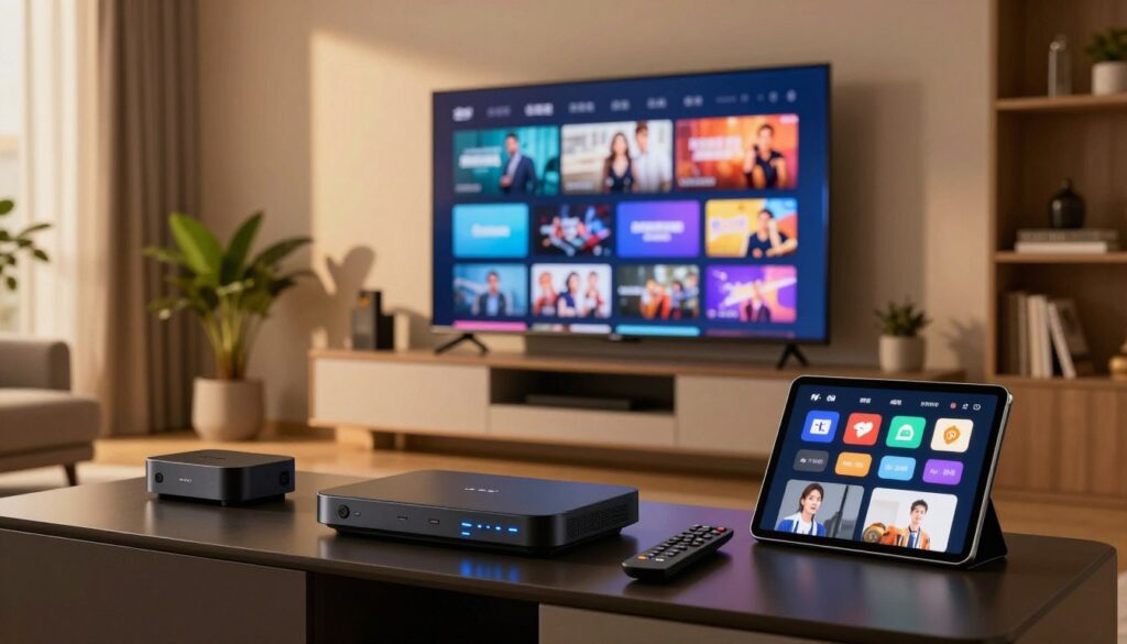 A modern living room scene featuring various IPTV players on a sleek media console, showcasing their distinct designs and features. In the foreground, a high-tech IPTV box with illuminated buttons, next to a remote control and a tablet displaying a streaming app interface. In the middle ground, a large flat-screen TV mounted on the wall, showing a vibrant streaming interface with colorful thumbnails of available content. Warm, ambient lighting filters through a nearby window, casting soft shadows and creating a cozy atmosphere. The background includes stylish decor elements like plants and bookshelves, emphasizing a contemporary home environment. The overall mood is inviting and tech-savvy, perfect for illustrating the importance of IPTV players in enhancing the streaming experience.