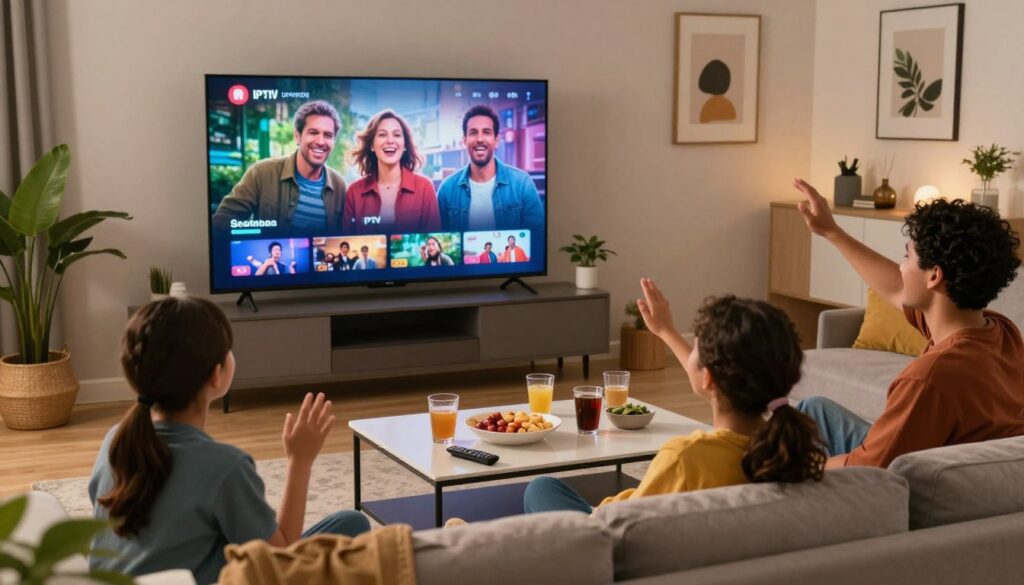 A modern living room scene showcasing a family gathered around a large flat-screen TV, actively enjoying IPTV streaming. In the foreground, a diverse family of four, dressed in casual but stylish clothing, expresses joy and engagement while watching their favorite show. The middle ground features a sleek coffee table filled with snacks and drinks, along with a remote control. The background includes a cozy sofa and decorative elements, like plants and modern art on the walls. Soft, warm lighting creates an inviting atmosphere, emphasizing the comfort of home entertainment. The scene is captured with a slightly angled perspective, evoking a sense of intimacy and connection, while showcasing the seamless integration of technology into daily life. A modern living room scene showcasing a family gathered around a large flat-screen TV, actively enjoying IPTV streaming. In the foreground, a diverse family of four, dressed in casual but stylish clothing, expresses joy and engagement while watching their favorite show. The middle ground features a sleek coffee table filled with snacks and drinks, along with a remote control. The background includes a cozy sofa and decorative elements, like plants and modern art on the walls. Soft, warm lighting creates an inviting atmosphere, emphasizing the comfort of home entertainment. The scene is captured with a slightly angled perspective, evoking a sense of intimacy and connection, while showcasing the seamless integration of technology into daily life.