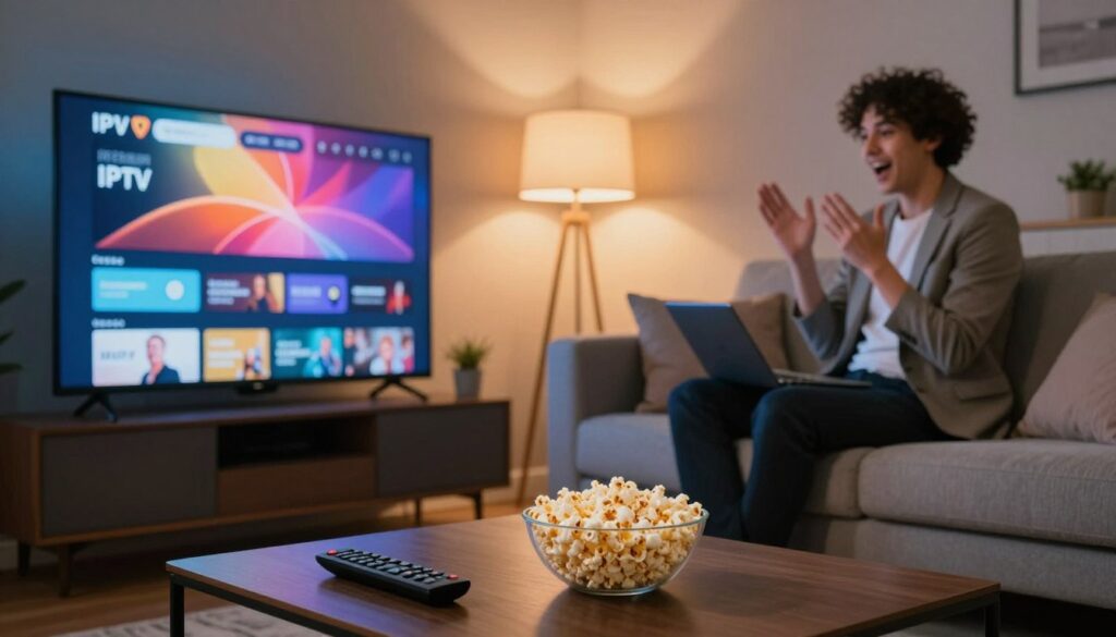 A modern living room scene, showcasing a sleek TV displaying an abstract representation of streaming content, set in a cozy atmosphere. In the foreground, a stylish coffee table holds a remote control and a bowl of popcorn, symbolizing an enjoyable viewing experience. The middle layer features a comfortable sofa with plush cushions, where a person in professional business attire sits, excitedly interacting with the TV through a device. The background includes soft lighting from a floor lamp and warm wall colors, creating an inviting, relaxed vibe. The overall mood is one of comfort and modern entertainment, illustrating the experience of discovering premium IPTV services.