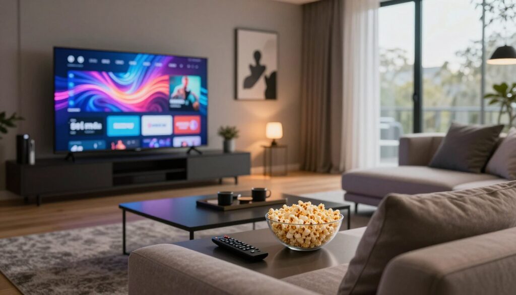 A modern living room scene showcasing a sleek, high-tech home entertainment setup with a large flat-screen TV displaying a vibrant, abstract representation of digital streaming content. In the foreground, a stylish coffee table holds a remote control and a bowl of popcorn, symbolizing a cozy viewing experience. In the middle, a comfortable, contemporary sofa, adorned with muted-colored cushions, faces the television. The background features soft lighting, creating a warm and inviting atmosphere, with wall art that hints at various entertainment forms without being explicit. The room has large windows letting in natural light, enhancing the cozy vibe. The angle is slightly elevated, capturing the entire setting, focusing on the integration of technology and relaxation in adult digital entertainment.