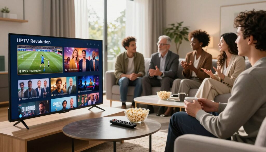 A modern living room scene vividly illustrating the concept of "IPTV Revolution" in home entertainment. In the foreground, a sleek flat-screen TV displays dynamic streaming content, featuring sports events, movies, and live shows. A stylish coffee table is adorned with a remote control and popcorn, emphasizing a cozy viewing experience. In the middle ground, a comfortable sofa is occupied by a diverse group of people dressed in professional business attire, engaged in a lively discussion about their favorite shows. The background features large windows letting in natural sunlight, creating a warm and inviting atmosphere. Use soft lighting to evoke a sense of comfort and innovation. Capture the angle to highlight the TV's screen while providing a clear view of the engaging scene, blending modern technology with vibrant social interaction.