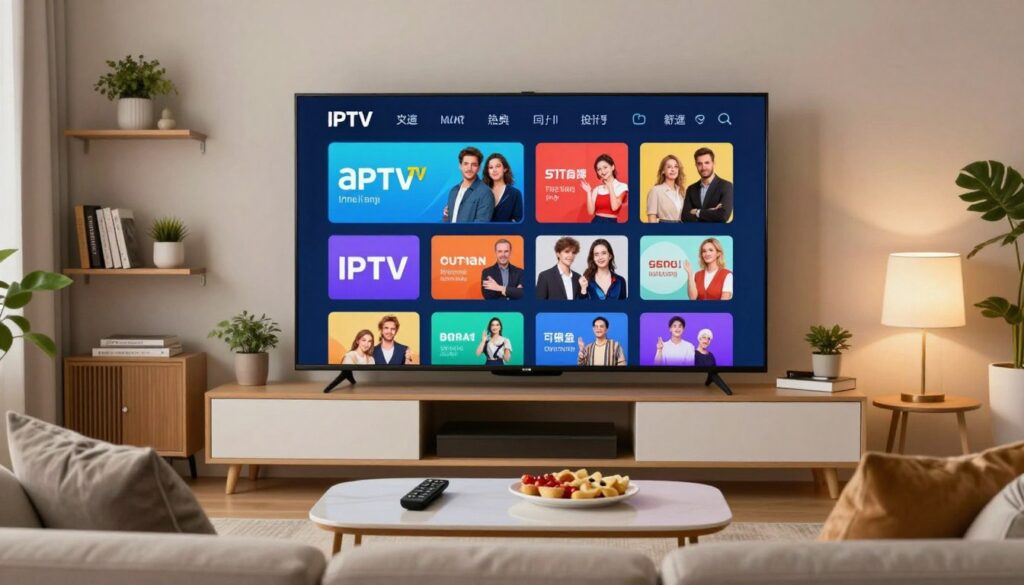 A modern living room setting, designed for relaxation, featuring a large flat-screen TV displaying a vibrant interface for an IPTV subscription service. In the foreground, a comfortable sofa is adorned with stylish, neutral-colored cushions. A sleek coffee table holds a remote control and snacks, suggesting a casual viewing experience. The middle of the scene showcases the TV screen, with bold images illustrating various entertainment options, including adult-themed categories in a tasteful manner. Background elements include decorative shelves with books and plants, and soft lighting that creates a cozy atmosphere. The overall mood is inviting and friendly, encapsulating the essence of premium home entertainment. The room is well-lit, with warm lighting from lamps and a subtle glow from the screen.