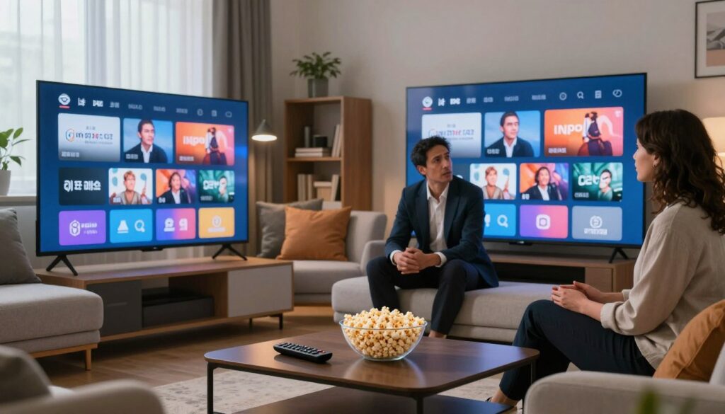 A modern living room setting featuring a large flat-screen TV, displaying a vibrant interface of a streaming service, showcasing icons for various entertainment channels. In the foreground, a stylish coffee table with a remote control and a bowl of popcorn, creating an inviting atmosphere. The middle ground highlights a comfortable sofa with several plush cushions, where a diverse group of two adults in professional attire are engaged in a light conversation, looking intrigued by the content on the screen. Soft, ambient lighting creates a cozy mood, with a hint of natural light spilling in from a nearby window. In the background, minimalist decor includes a bookshelf and potted plants, symbolizing a contemporary lifestyle.