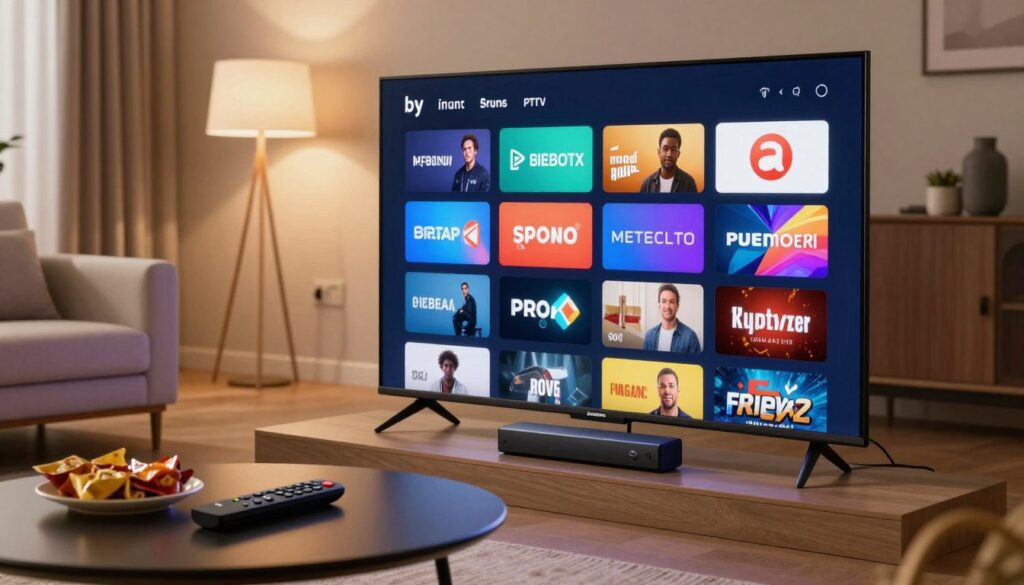 A modern living room setting featuring a sleek Amazon Firestick plugged into a flat-screen TV displaying a vibrant array of channel options on the screen, symbolizing a vast IPTV subscription service. In the foreground, a stylish coffee table holds a remote control and a few snacks, while in the background, there are cozy couches and soft lighting creating an inviting atmosphere. The lighting is warm and soft, evoking a relaxed mood, with a focus on the television screen to highlight the extensive channel library graphic filled with colorful icons representing various genres. The angle captures the essence of home entertainment, making it feel immersive and engaging.