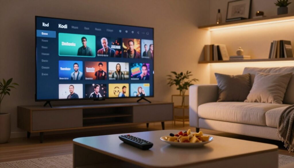 A modern living room setting featuring a sleek TV displaying a user interface of a Kodi media player, showcasing various icons for adult content plugins, artistically blurred to emphasize privacy. The foreground includes a stylish coffee table with a remote control and snacks, inviting a relaxed atmosphere. In the middle, a comfortable couch with plush cushions is accentuated by warm, ambient lighting, casting soft shadows. The background shows softly lit shelves filled with books and decorative items, creating a cozy, homey feel. The mood is casual yet sophisticated, reflecting a contemporary home environment where adult streaming is seamlessly integrated into leisure. The scene is composed in a wide-angle view, capturing the essence of modern entertainment.