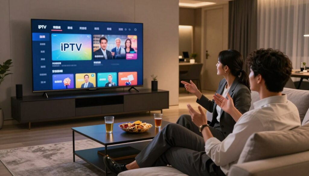 A modern living room setting featuring a sleek entertainment system displaying a vibrant IPTV interface on a large flat-screen TV. In the foreground, a couple dressed in professional business attire is seated comfortably on a stylish couch, engaged in a discussion about their viewing options. The middle ground includes a coffee table adorned with snacks and drinks, emphasizing a relaxed yet sophisticated atmosphere. In the background, dimmed lighting creates a cozy ambiance, with soft, warm light illuminating the room's ambiance. The scene captures a sense of excitement and anticipation for their upcoming entertainment choices, reflecting a contemporary lifestyle. The image should convey a sense of professionalism and leisure without any explicit or suggestive elements.