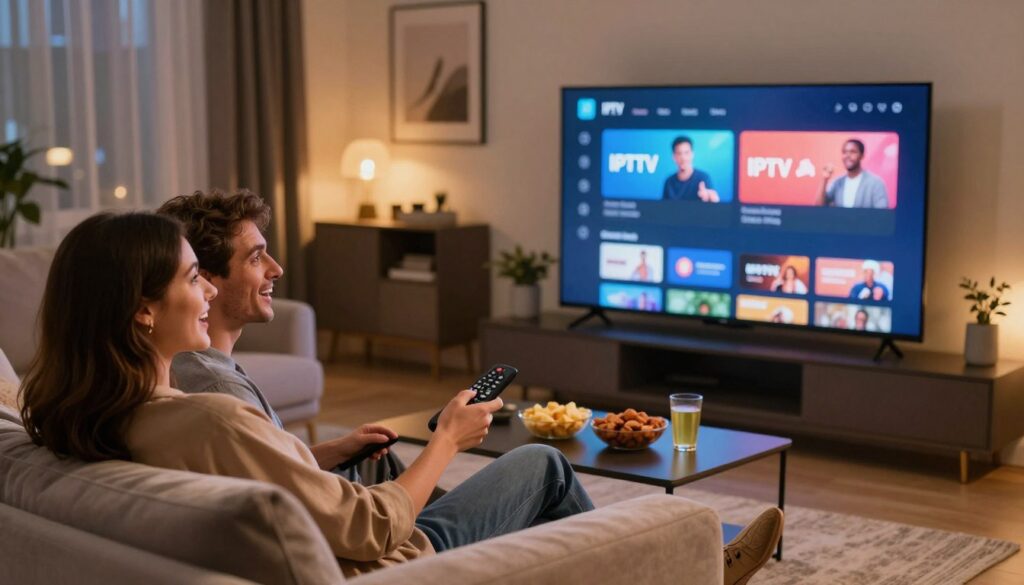 A modern living room setting featuring a sleek, high-definition smart TV displaying a stylish interface of an IPTV streaming service. In the foreground, a couple is comfortably seated on a plush sofa, dressed in smart casual attire, with expressions of excitement and engagement. They are holding remote controls, engrossed in selecting content. In the middle ground, a coffee table is adorned with snacks and drinks, enhancing the cozy ambience. The background showcases contemporary decor with warm lighting, creating an inviting atmosphere. A soft glow emanates from the screen, illuminating the faces of the viewers, while a subtle bokeh effect gives depth to the scene. The overall mood conveys enjoyment and relaxation, perfect for a streaming experience.