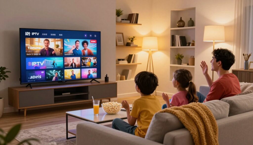 A modern living room setting featuring a sleek, high-end smart TV displaying vibrant IPTV content, resonating with energy and entertainment. In the foreground, a comfortable couch with a plush throw, and a stylish coffee table hosting popcorn and drinks. The middle showcases a family of four, dressed casually in cozy, colorful clothing, intensely engaged while watching the screen. The background highlights tastefully arranged shelves with books and decorative items, bathed in warm, ambient lighting from floor lamps that create a cozy atmosphere. The scene captures an inviting mood, emphasizing the joy of shared entertainment experiences, framed from a slight angle to enhance depth and focus on the family’s expressions of excitement. The image embodies the essence of premium IPTV streaming.