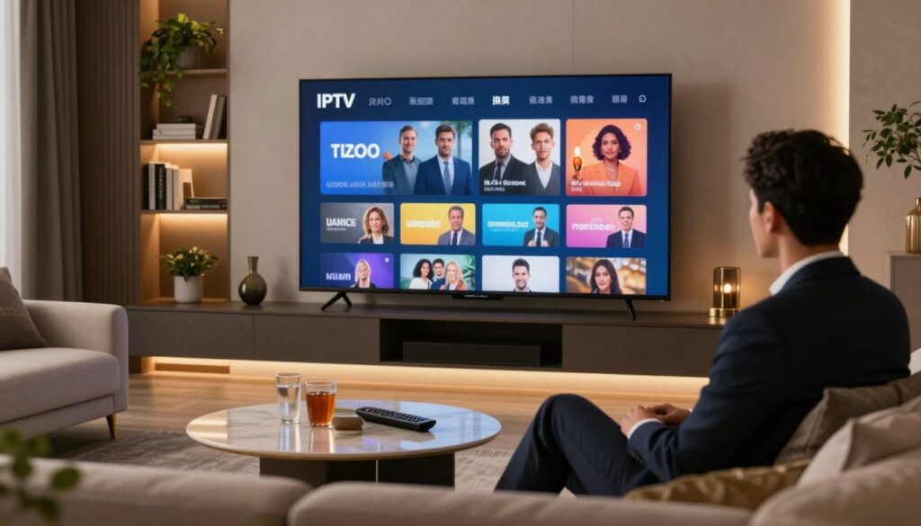 A modern living room setting featuring a sleek, large television displaying an IPTV streaming interface with premium adult content options, elegantly arranged with a tasteful combination of furniture and decor. In the foreground, a professional-looking individual wearing business attire sits comfortably on a stylish couch, focused on the screen. The middle ground includes decorative elements like a coffee table with a remote control and drinks, and ambient lighting creates a warm, inviting atmosphere, highlighting the sophistication of high-quality streaming services. The background showcases a well-decorated shelf with books and plants, emphasizing a contemporary lifestyle. The scene is captured with soft focus and warm lighting to convey a sense of luxury and entertainment.