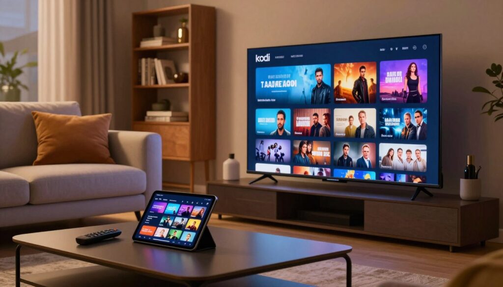 A modern living room setting featuring a sleek smart TV streaming diverse content, with an emphasis on Kodi's interface showcasing various adult-themed addons in a professional manner. In the foreground, a stylish coffee table holds a remote control and a tablet displaying a digital streaming guide. The middle ground shows a comfortable sofa with a warm, inviting atmosphere, adorned with plush cushions. The background features soft ambient lighting that creates a cozy environment, accentuated by tasteful decor and a bookshelf filled with popular series and movies, conveying a sense of relaxation and entertainment. The camera angle is slightly tilted, giving a dynamic perspective to the cozy vibe. The overall mood is relaxed and sophisticated, suitable for a home entertainment scene.