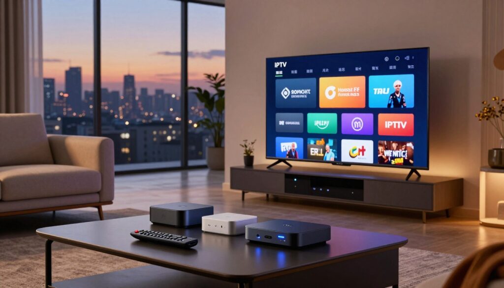 A modern living room setting showcasing IPTV streaming technology. In the foreground, a sleek smart TV displays a vibrant user interface with colorful streaming icons. A stylish coffee table holds a remote control, various streaming device boxes, and a few popular streaming service logos. In the middle ground, an intelligent multimedia hub with glowing lights, emphasizing connectivity and advanced technology. Surrounding the scene, cozy furniture and soft ambient lighting create a relaxing atmosphere, suggesting a casual yet sophisticated viewing experience. In the background, a large window reveals a city skyline at dusk, blending warm and cool tones, enhancing the modern feel of the space. Capture the essence of streaming services and technology in a serene, inviting environment.