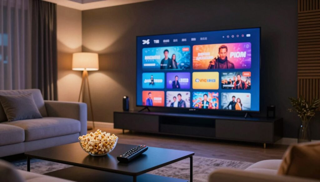 A modern living room setting showcasing a large, ultra-high-definition television displaying a vibrant streaming service interface, featuring colorful thumbnails of various shows and movies. In the foreground, a sleek coffee table with a high-quality remote and a bowl of popcorn. The middle ground has a comfortable sofa with plush cushions, arranged invitingly. Soft, ambient lighting from stylish floor lamps creates a warm, welcoming atmosphere. The background shows a subtle home theater setup, with dark walls and acoustic panels enhancing the audio-visual experience. The overall mood is cozy and sophisticated, suggesting exceptional streaming quality for a discerning viewer. Use a wide-angle lens perspective with a depth of field that softly blurs the background while keeping the TV display crisp and clear.