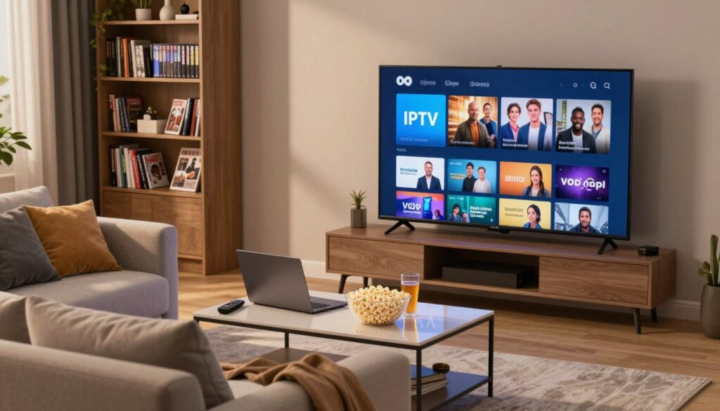 A modern living room setting showcasing a sleek, high-definition television displaying a user interface of an IPTV service. In the foreground, a cozy sofa adorned with neatly arranged cushions invites relaxation. A stylish coffee table holds popcorn and drinks, emphasizing a casual movie night. In the middle ground, a remote control lies beside an open laptop, suggesting easy access to the extensive content library. The background features a well-decorated bookshelf filled with DVDs and magazines, creating an inviting atmosphere. Soft, warm lighting enhances the scene, casting gentle shadows and giving a welcoming feel. The overall mood is relaxed and entertaining, perfect for a family or friends enjoying a diverse selection of live channels and VOD options.