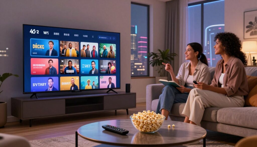 A modern living room setting, showcasing a sleek, high-tech television displaying a vibrant interface of a streaming service, featuring colorful thumbnails of diverse content. In the foreground, a stylish coffee table is adorned with a remote control and a bowl of popcorn, evoking a cozy viewing experience. In the middle, a couple dressed in smart casual attire, engaged in selecting shows, are illuminated by soft, warm lighting that enhances the inviting atmosphere. The background features large windows with a view of a futuristic city skyline, hinting at technological advancements. The image conveys a sense of excitement and innovation, reflecting the evolution of streaming in 2026. Use a wide-angle lens to capture the entire scene, ensuring a balanced composition that draws the viewer into the immersive world of streaming entertainment.