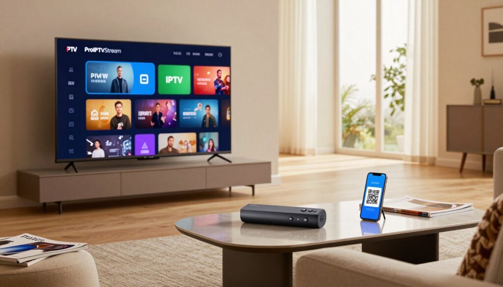 A modern living room setting showcasing the evolution of streaming technology centered around a Firestick device. In the foreground, a sleek television displays a vibrant interface of an IPTV service, featuring colorful and dynamic icons representing various channels and programming. The middle ground includes a stylish, contemporary coffee table with a remote control and a smartphone scanning a QR code for app installation. In the background, soft natural light filters through large windows, casting warm highlights across the room. The atmosphere is inviting and tech-savvy, with a cozy couch adorned with tech magazines. Use a wide-angle lens to capture the entire scene, emphasizing the ease and convenience of accessing ProIPTVStream's services on Firestick. Ensure soft shadows and realistic reflections, embodying a modern lifestyle.